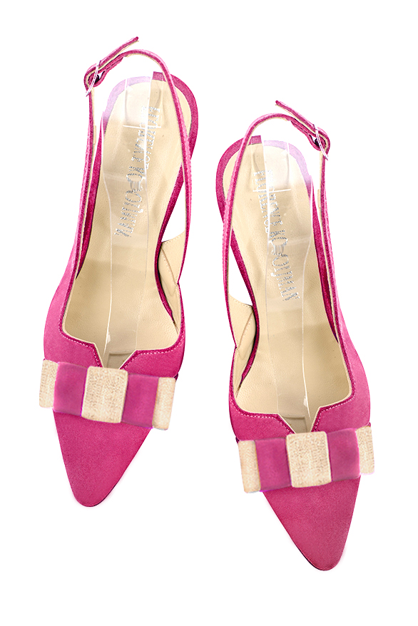Fuschia pink and gold women's open back shoes, with a knot. Tapered toe. Medium comma heels. Top view - Florence KOOIJMAN